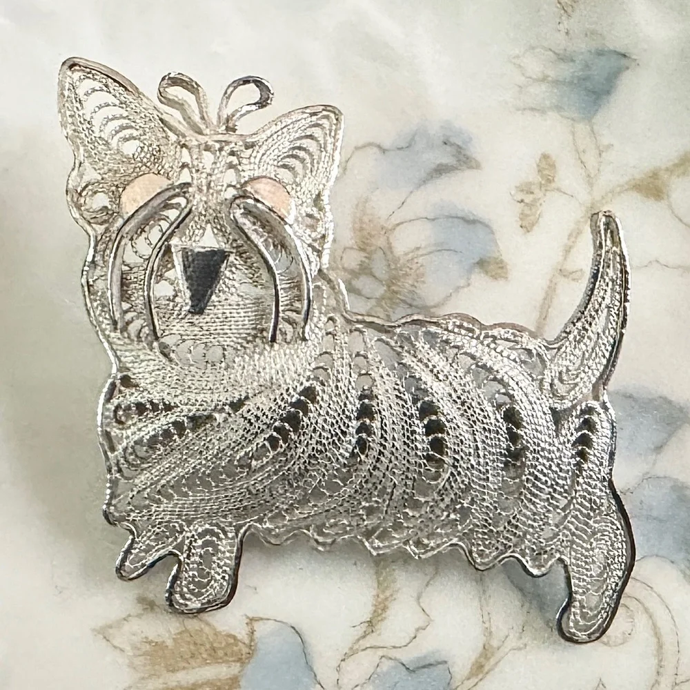Vtg Sterling Silver Scottish Terrier Filigree Brooch Pin
